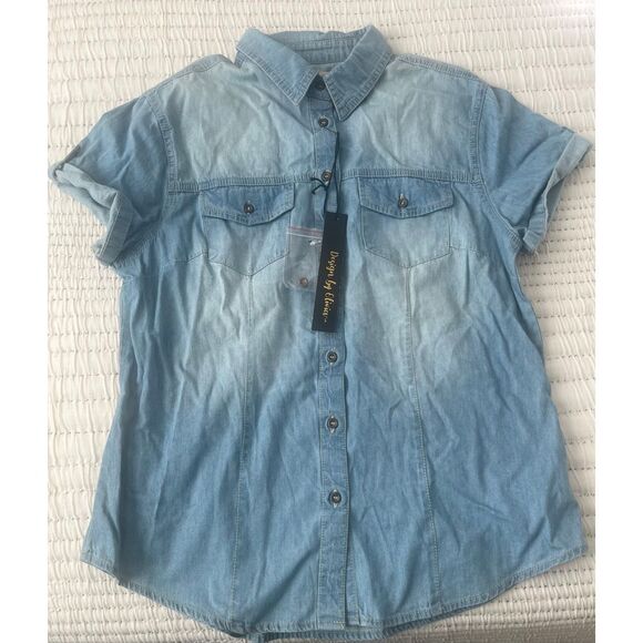 Design by Olivia Women's Cap Sleeve Button Down Denim Chambray Shirt NEEW NWt - Picture 2 of 6